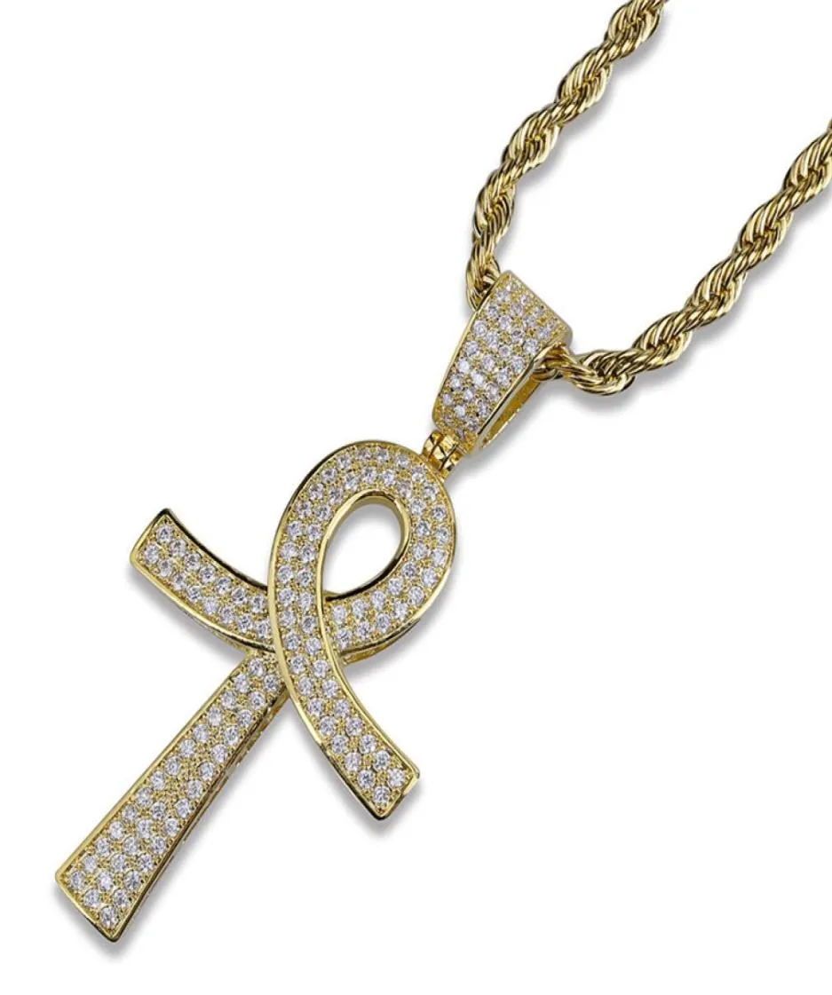 Iced Out Ankh Key Collier Pendeur avec chaîne de corde Collier de chaîne de tennis 4 mm