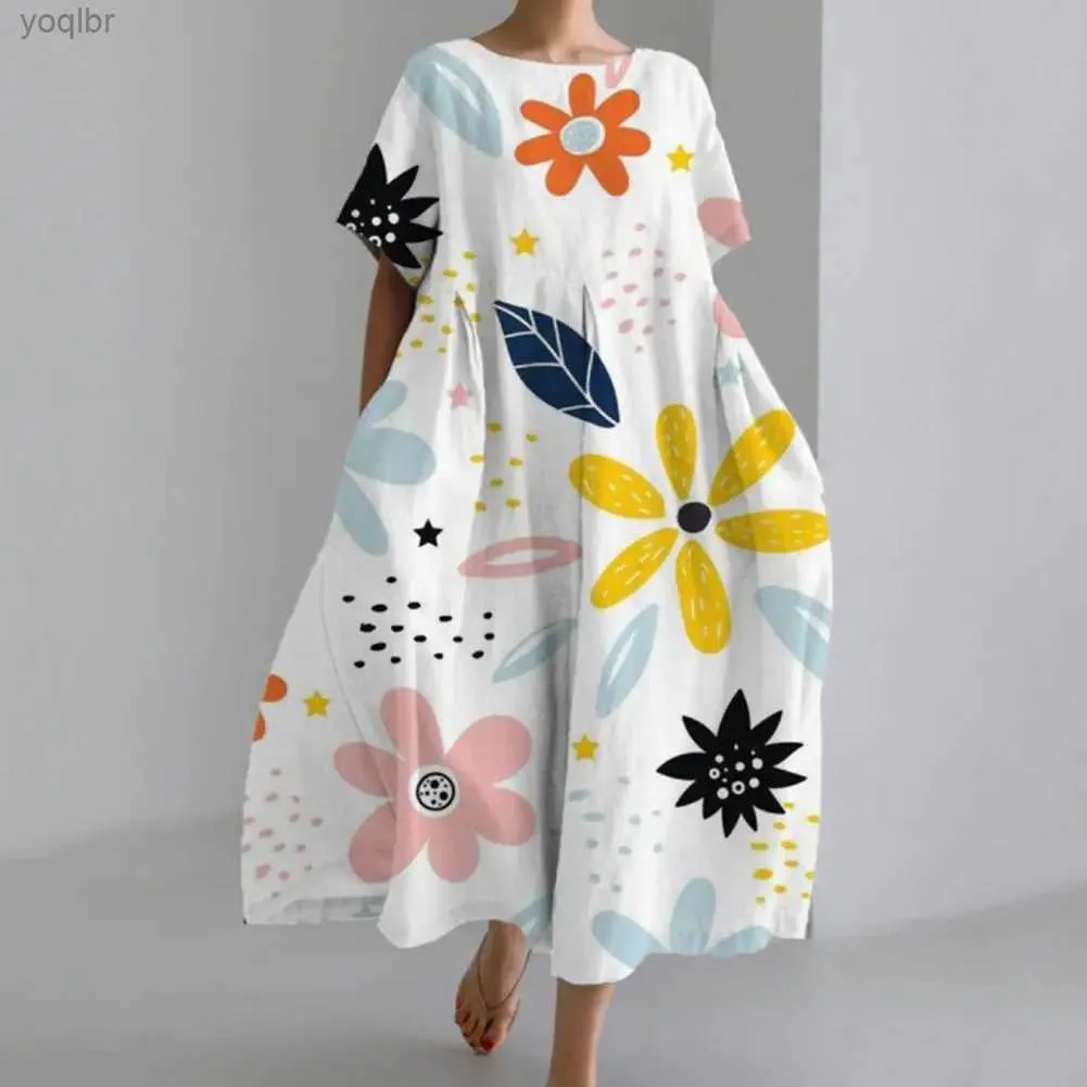 Urban sexy jurken a-line jurk Boheemse stijl bloemenprint midi dames losse ronde nek korte mouwen zachte oversized strandreizen zomerl2405