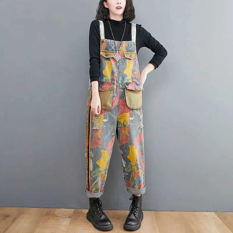 Women's Jumpsuits Rompers Denim Jumpsuits Women Casual Pocket Patchwork One Piece Outfits Women Rompes Loose Korean Style Vintage Playsuits Women Clothing Y240510