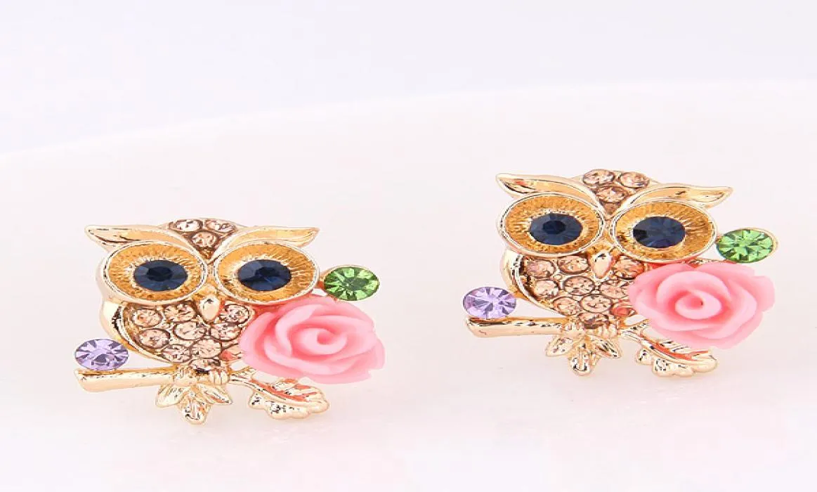 Gold Cute Owl Flower Coldings For Women Animal Colkings Arete Studs Boucle D39oreille Femme XD23231261208