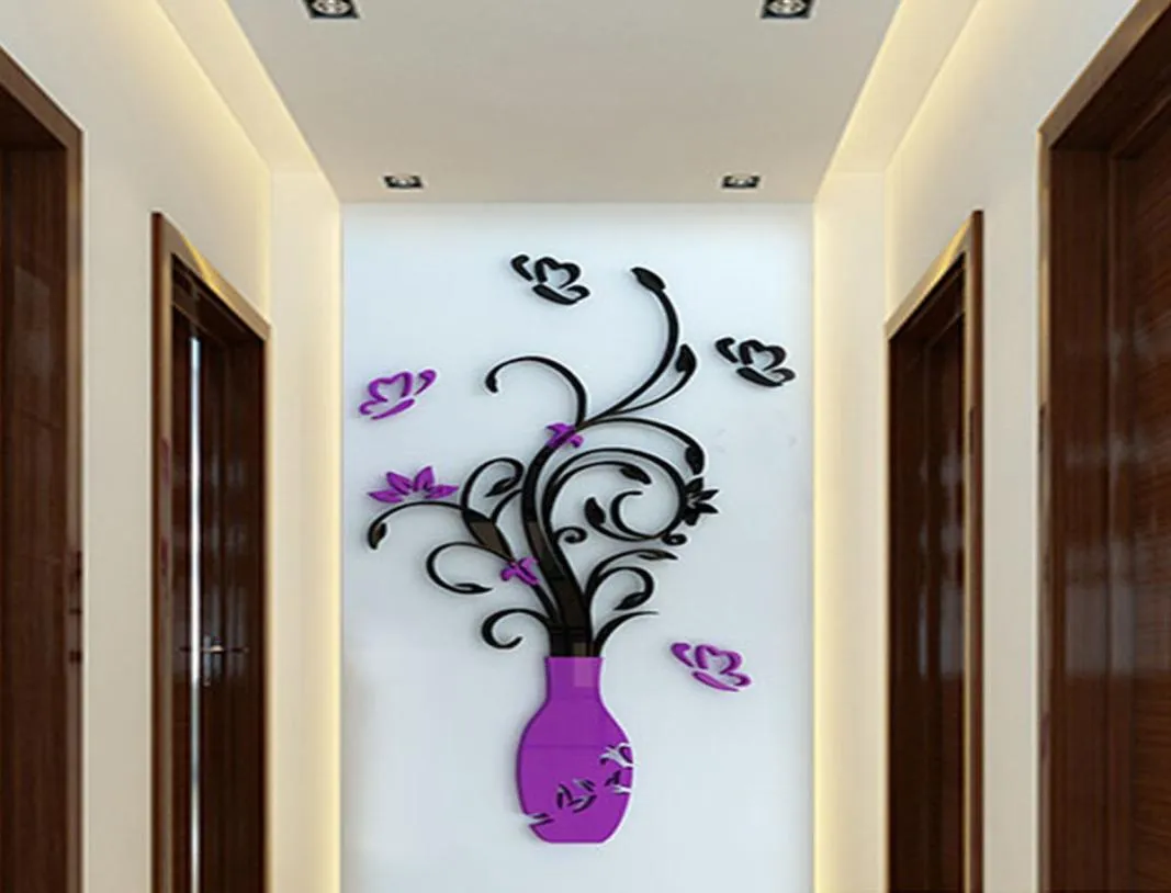 البلورة أكريليك 3D زهرة مزهرية ملصقات الجدار مرآة زجاج خلفية الفن
