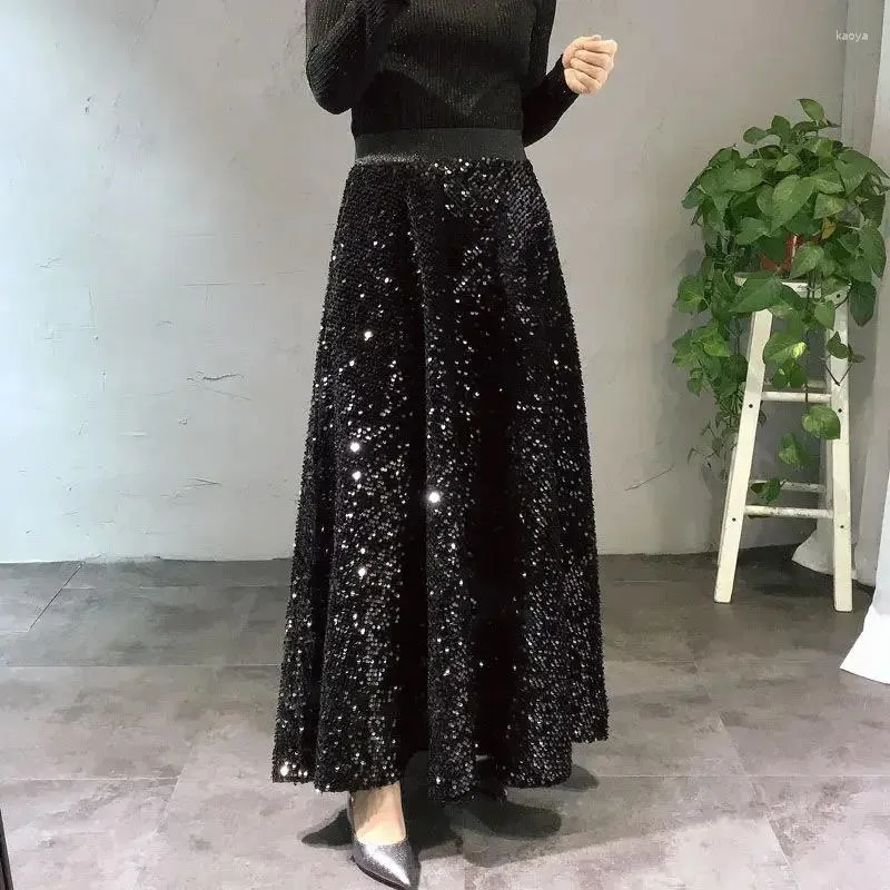 Skirts herfst pailletten maxi lange elastische taille bling dikke drape metaalachtige a-line enkel enkel gebreide rok groen zilver