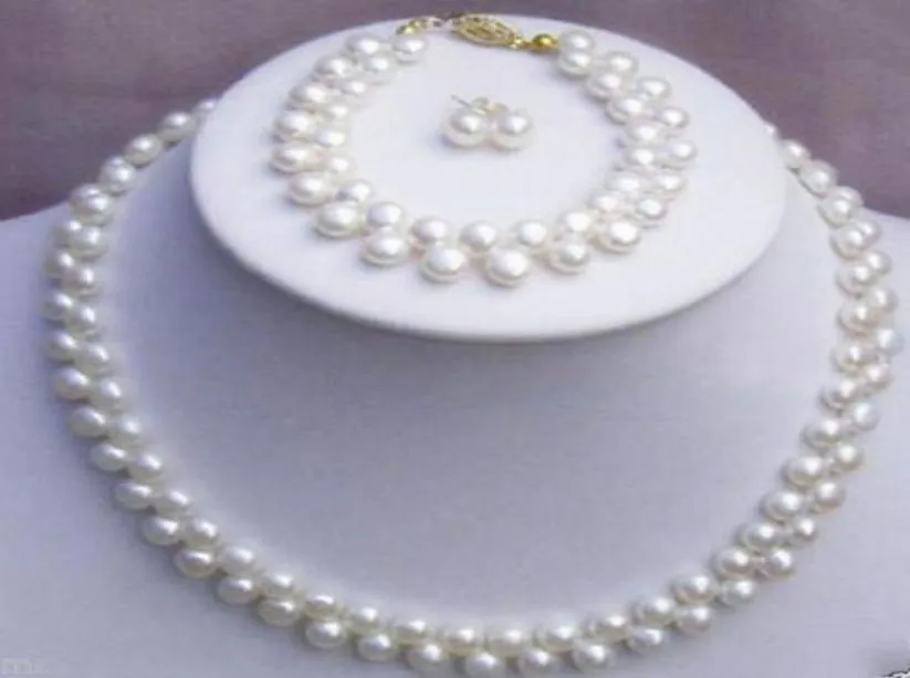 真の白い淡水真珠のネックレスブレスレットイヤリングジュエリーセット6805199
