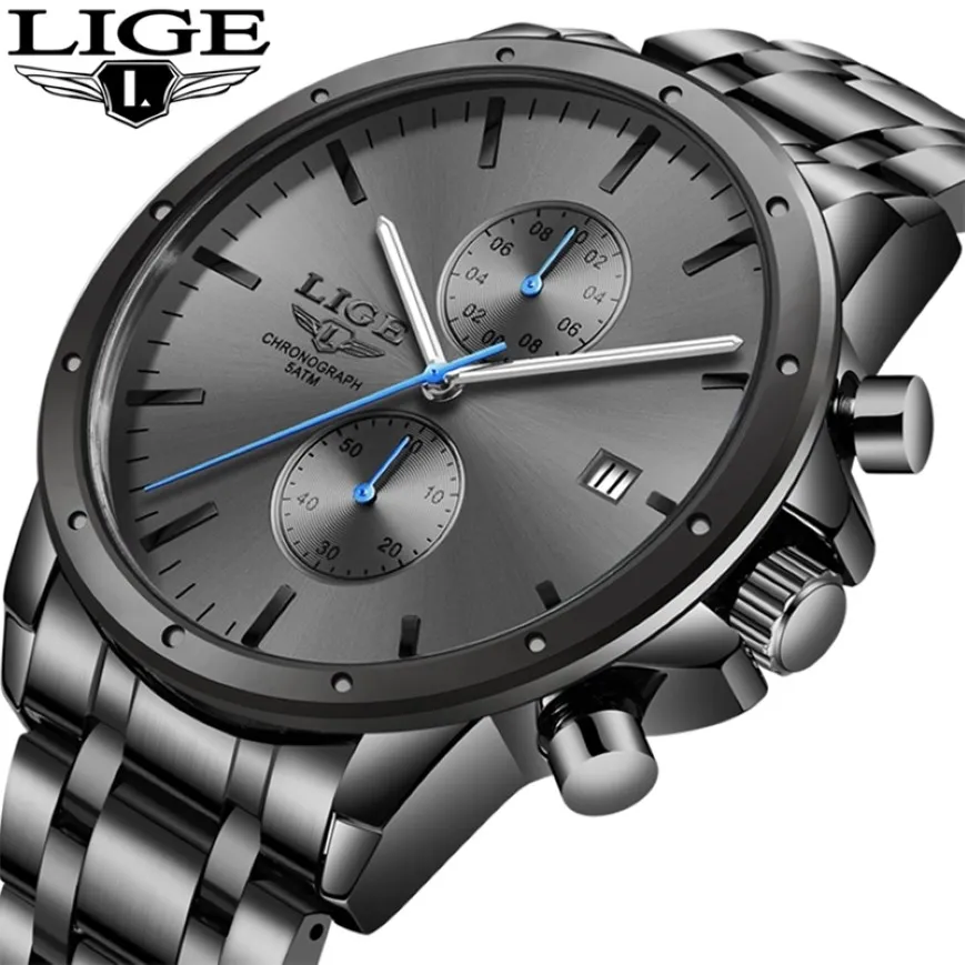 Lige New Watch Mens Mens Top Brand Luxury Staine Steel Quartz Watch for Men Водонепроницаемый спортивный хронограф мужчина классические часы 210329 304Z