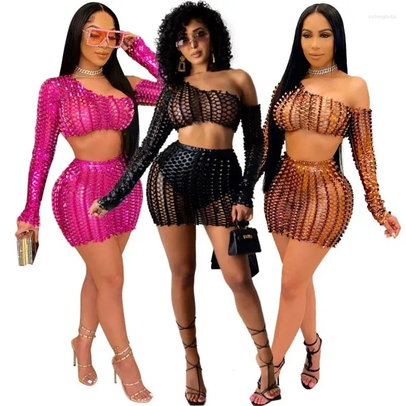 Cosuil de bain Femmes 2024 Robe de plage tenue d'été Two Piece Set Fishscale Jupe Solid Spandex Swimwear Cover Up Pareo pour le