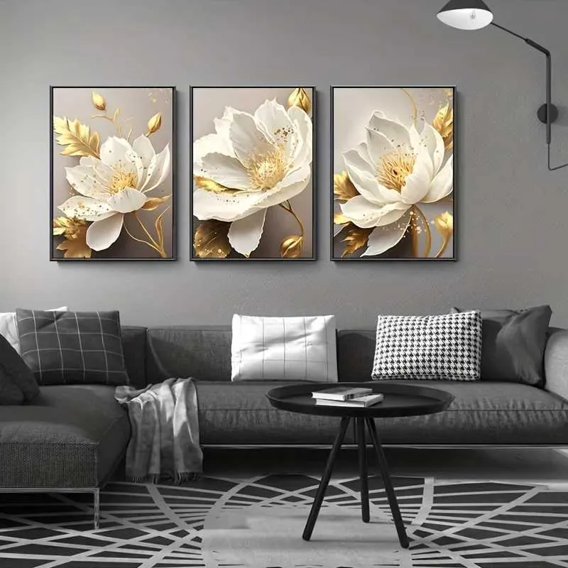 sters avec des plantes dorées et des fleurs blanches peintes pour le salon de la cuisine art mural décoration moderne décoration images sans cadres j0505