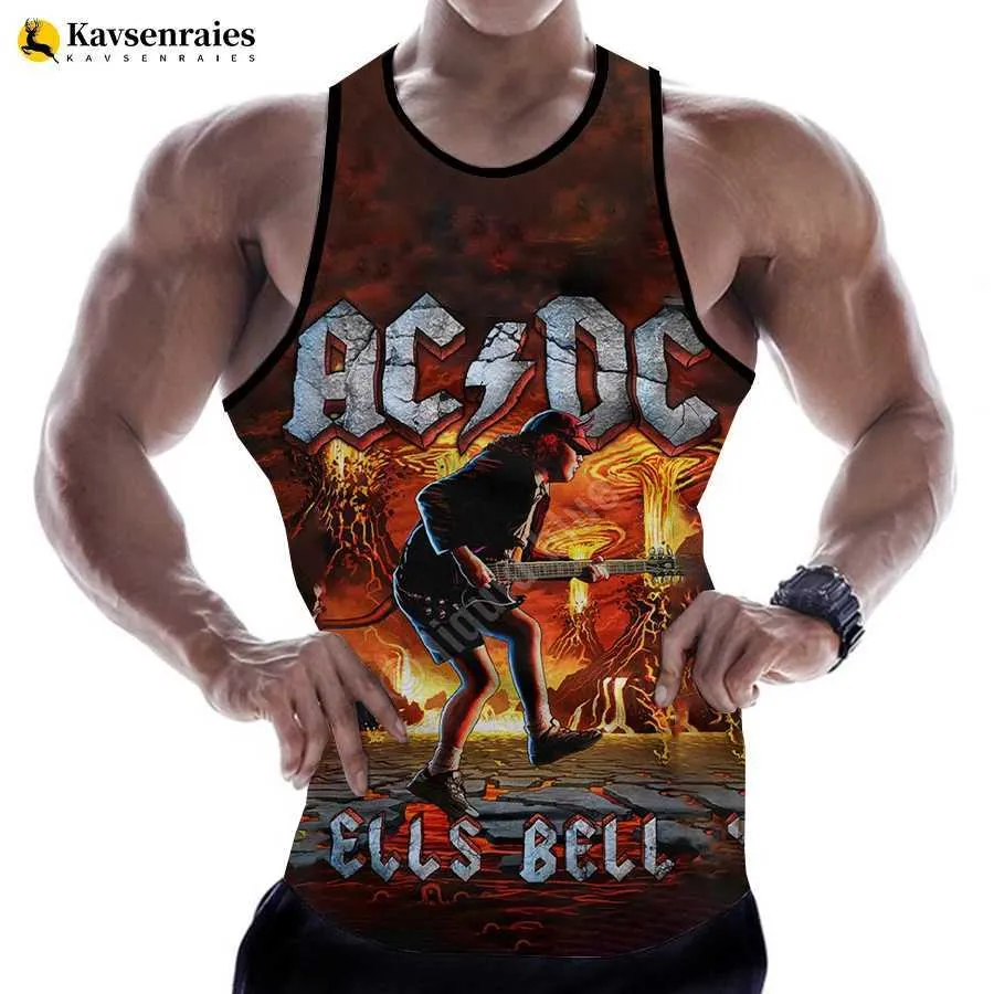 Tobs de débardeur masculine Nouvelle lettre de rock imprimé drôle 3D T-shirt imprimé t-shirt masculin tops d'été décontracté AC DC Slveless Singlet Hip Hop Surdimension Tops 6xl T240508