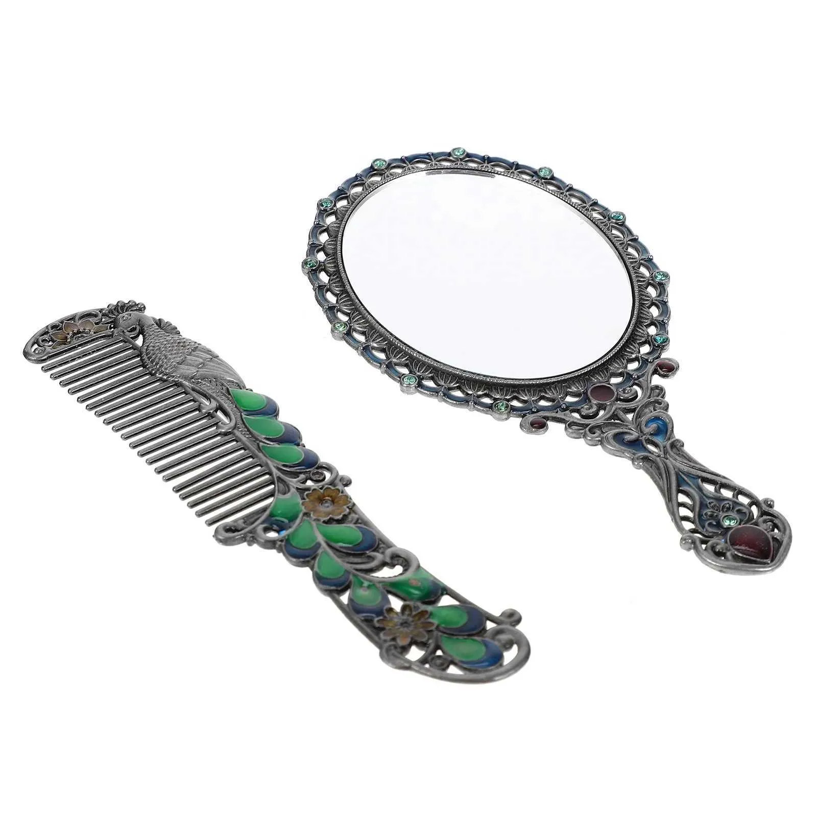 Compact spiegels spiegel draagbare decoratie met handgreep pocket retro slijtvaste borstel zink legering metalen baby make-up Q240509