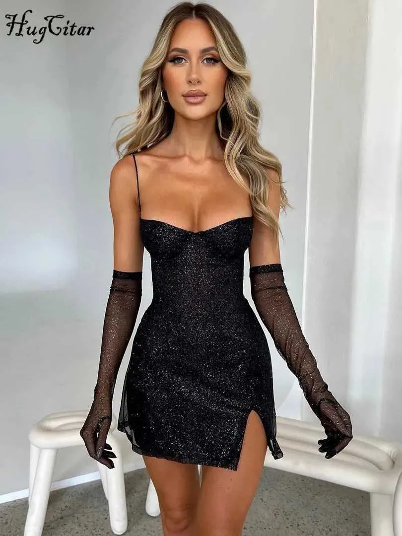 Basic Casual Dresses Hugcitar 2024 Spring Black Shine Slip Backless With Gloves Slit Sexy Bodycon Mini Prom Dress Women Fashion Outfits Party Club Y240509