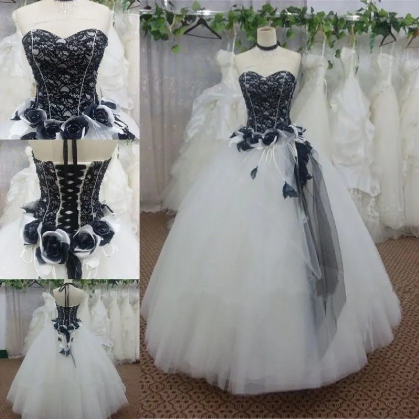 Decoration de fleur en dentelle blanche et noire sur mesure Robe longue robe à balle en tulle robe formelle de bal 214h