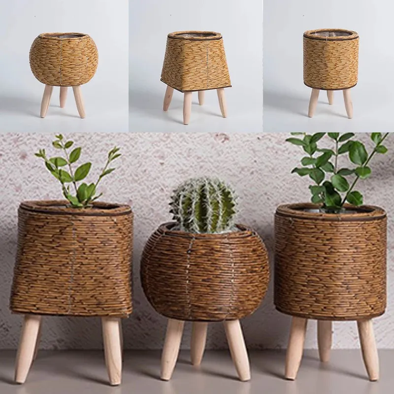 Nordic w stylu podłogi tkany koszyk z drewnianymi nogami roślina garnek domowy ogródek kwiatowy kosza do przechowywania 240428