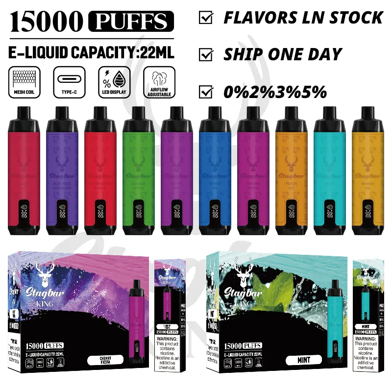 EU Warehouse in Duitsland Stag Bar King 15000 Puff Vape Pen Tornado Gem Bar Disposable E Sigaretten Mesh Coil 15K Puff 22 ml 2% 5% Nicotine E-vloeistof Batterij Display LED-scherm