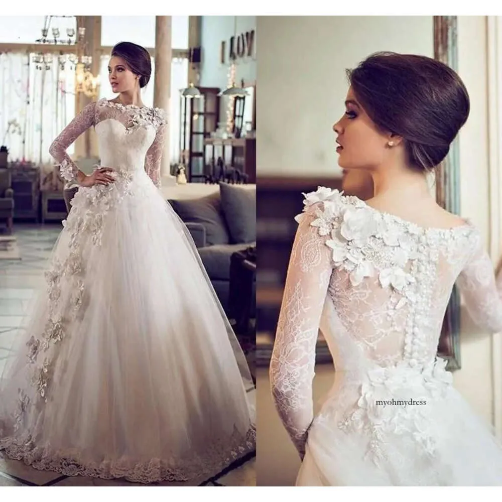 Designer Arabe Dubai Drene Robes Musulman Long Manches une robe de mariée Ligne Bateau Fleurs Embellissement Modest Bridal Robe 0510