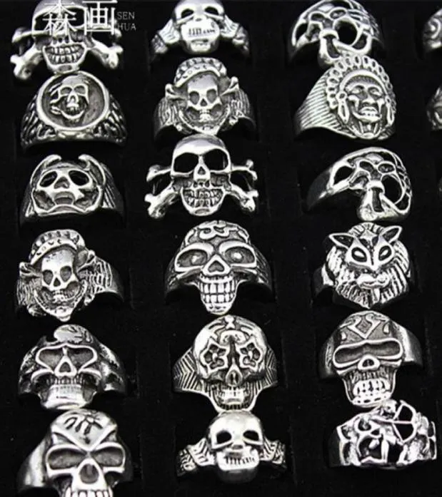 Senhua entiers lots 25pcs mixtes cool garçon bijouterie biker gothique style squelette argenté antique anneaux de crâne pour halloween cadeau 52533572988