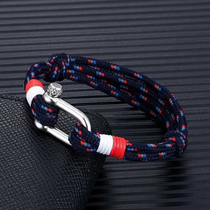 Charm Bracelets MKENDN Mens Sport Camping Parachute cord Survival Bracelet Women U-Shape Stainless Steel Shackle Buckle Surfer Beach Jewelry Y240510