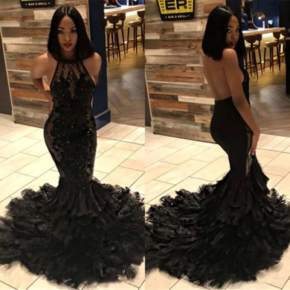 Black Girl Sexy Backless Mermaid Long Prom Dresses Halter Illusion Tulle Applique Beaded Feather Layers Sweep Train Evening Gowns BC127 231Q
