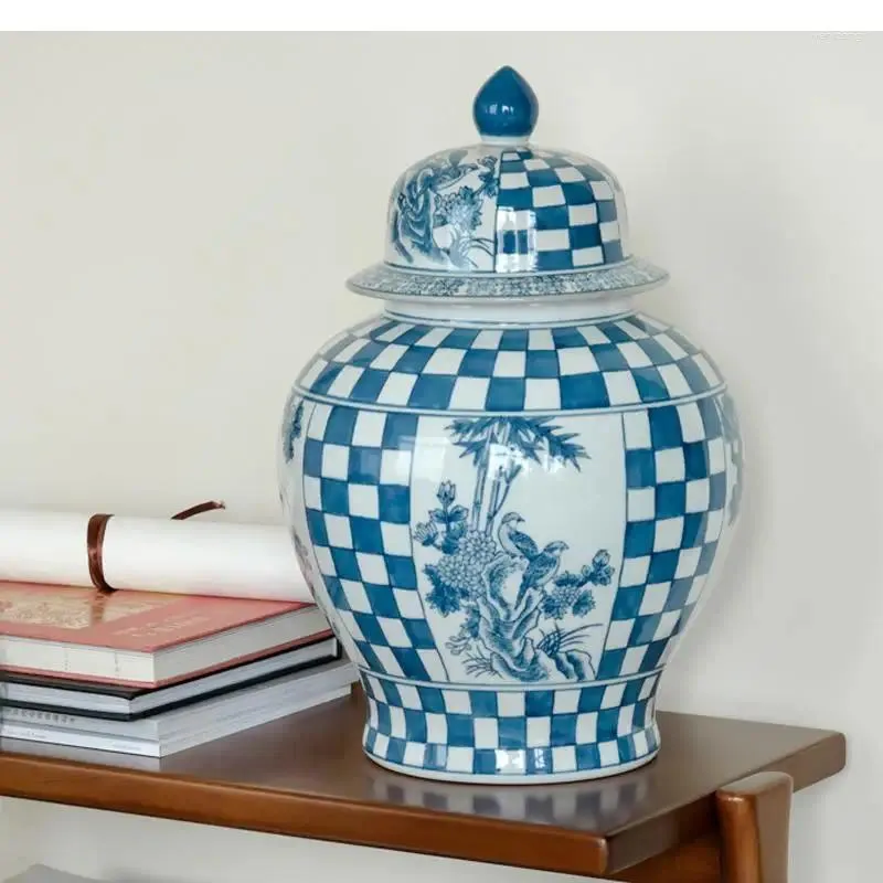 Vases Jar de gingembre à damier en porcelaine bleu et blanc