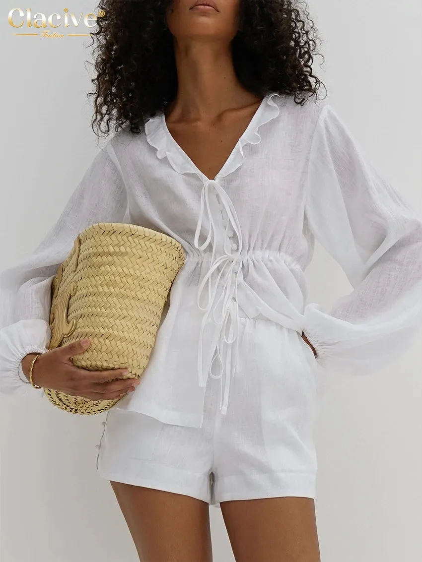 Clacive Casual Loak White Cotton 2 Piece Sette Atten 2024 Модная рубашка с длинным рукавом с высокими Wasit Shorts 240507