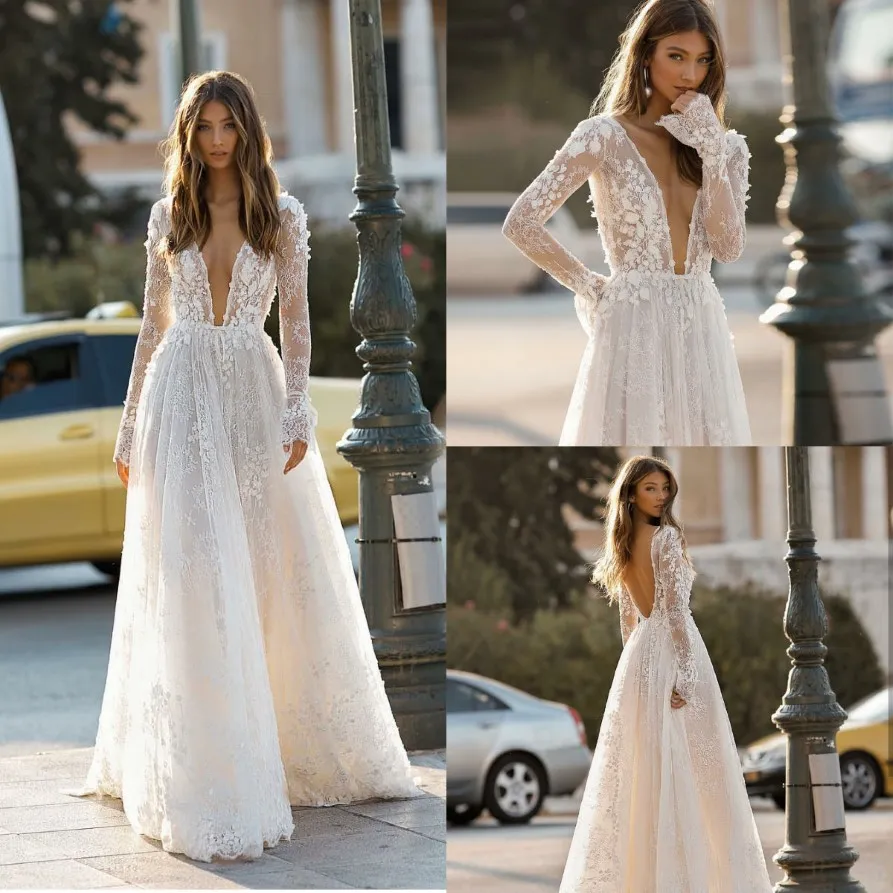 Berta Beach Wedding Jurken Lace Long Sleeve 3D Floral Appliques Tule Plus Size Wedding Jurk Backless Bridal Ghowns Custom Made 285T