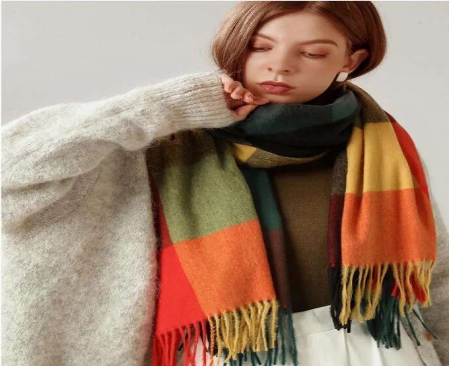 5PCS Autumn Winter Woman Wool Spinning Scarf Ladies Dwukologowe wielokolorowe kontrole Gingham Kerchief mężczyzna szalik żeńska szal grube 6154074