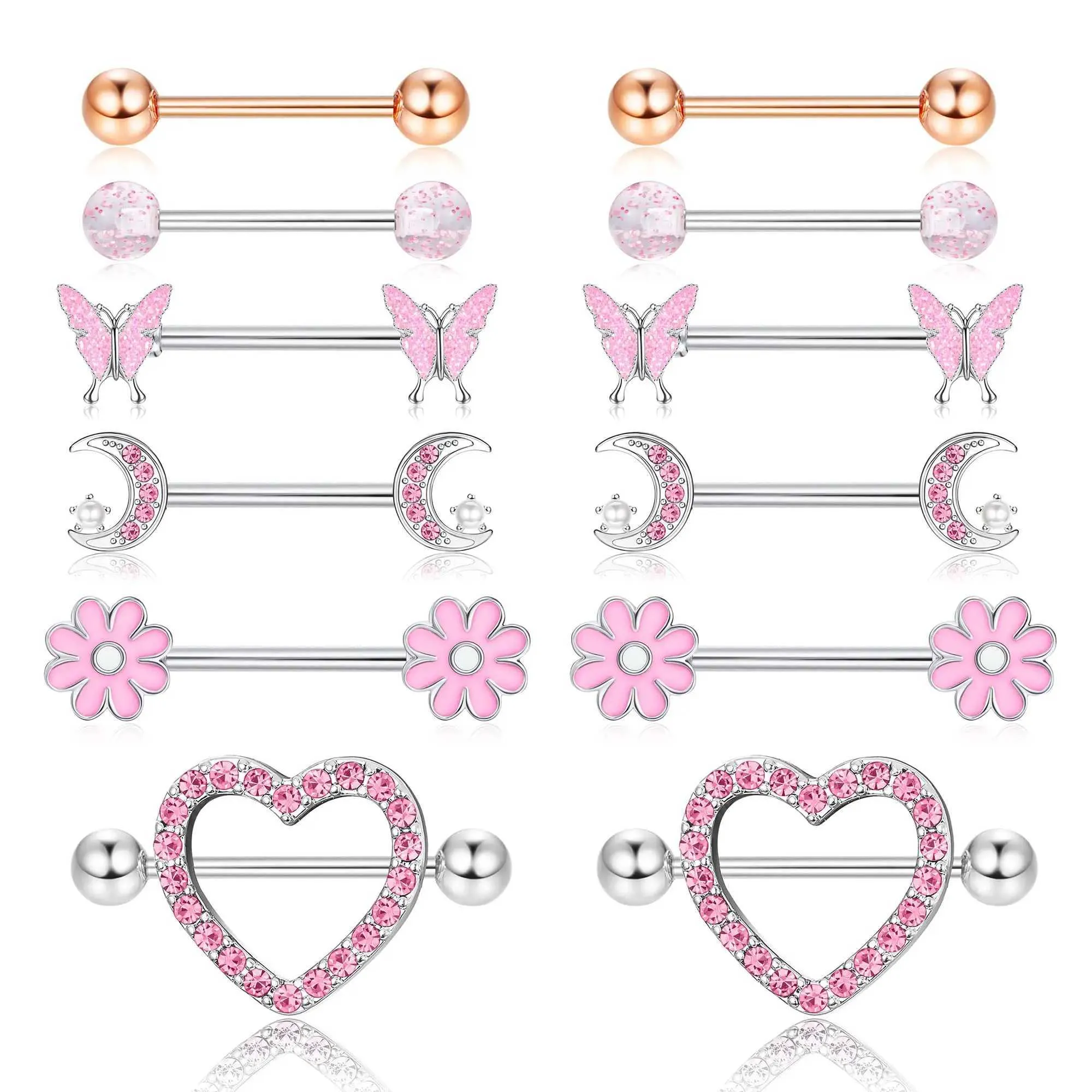 Nipple Rings Drperfect 14G Womens Nipple Ring 316L Stainless Steel Heart shaped Butterfly Moon CZ Flower Barbell Cute Breast Perforated Jewelry Y240510