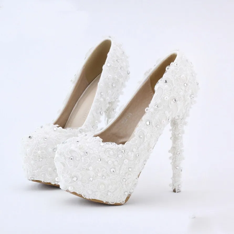 Livraison gratuite Chaussures de mariée en dentelle blanche Prom Bridal Dress Chaussures 14 cm High Heels Platform Brides Dmides Demour Pumps à la mode 2441