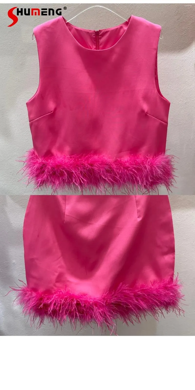 Work Dresses Socialite Evening Party Skirt Two-Piece Sets Women 2024 Summer Autumn Premium Plush Feather Decoration Vest Mini Suit