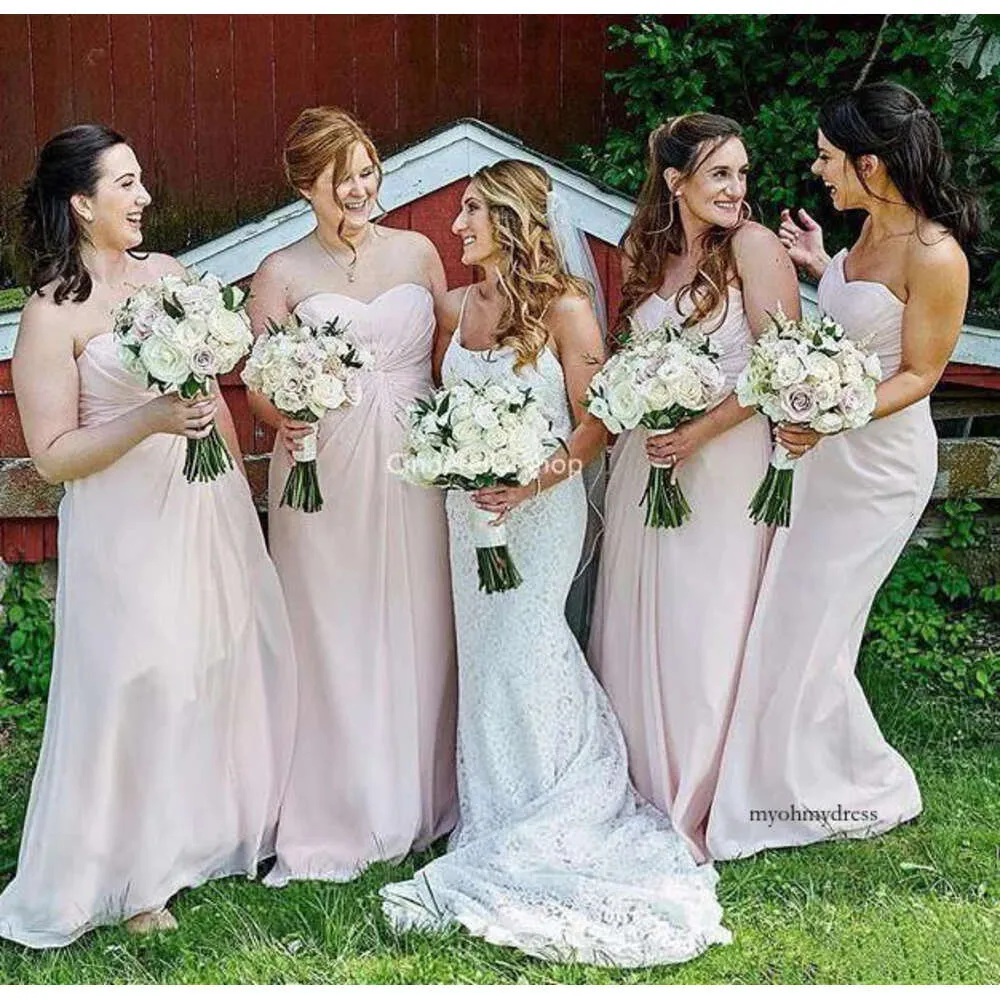 Pink Bridesmaid Chiffon Sweetheart Ruched Plises una línea Longitud de la longitud de la longitud de tamaño grande Vestidos de invitado de boda Z4 0510