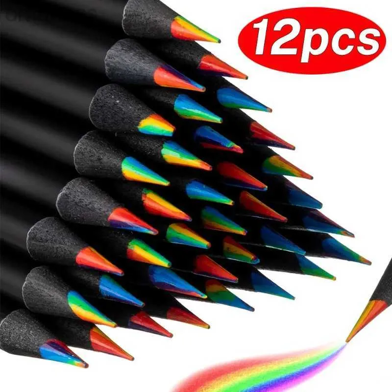 Pencils 12/1 pieces of colorful pencils multi-color 7-in-1 black wooden bulk rainbow pencils art supplies color sketches d240510