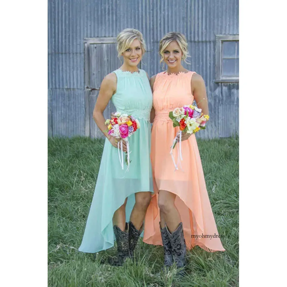 Country Western Chiffon Hi-Low Bridesmaid Dresses with Cowboy
