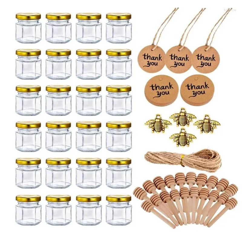Aufbewahrung Flaschen 10/20pcs 1,5oz Mini Honey Jars Party bevorzugt kleine Dipper Gold Deckel Biene Charms Tags Jute Twine Süßes Takehome Geschenk