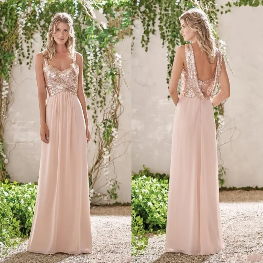 Rose Gold Summer Sequined Bridesmaid Dresses Spaghetti Straps Sequins Long Chiffon Ruffles Blush Pink Maid Of Honor Wedding Guest Dress 193z