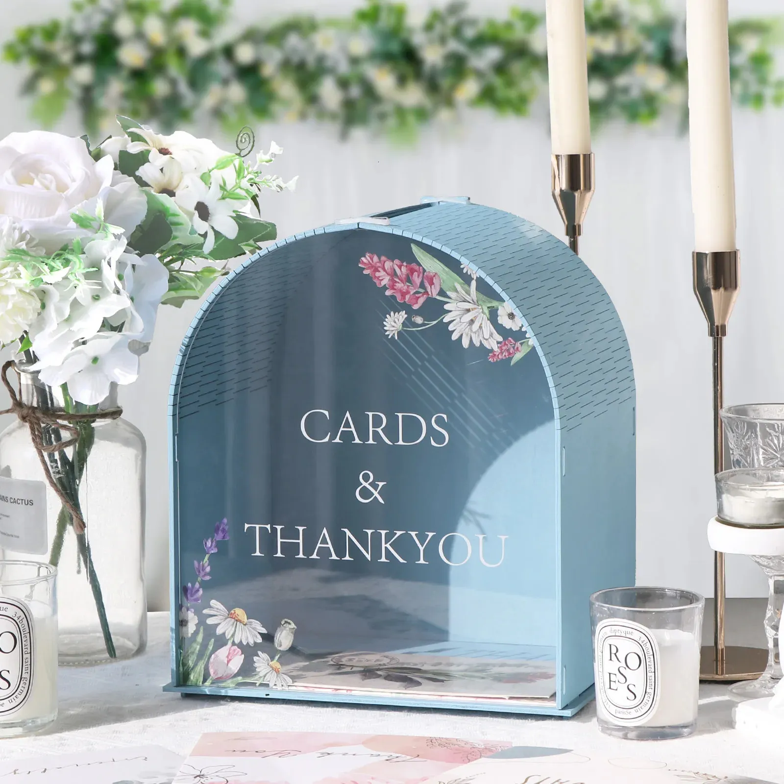 Wooden Wedding Card box Arch Slide Slot Blue Acrylic Transparent Window DIY Money Envelopes Boxes for Anniversary Party 240510