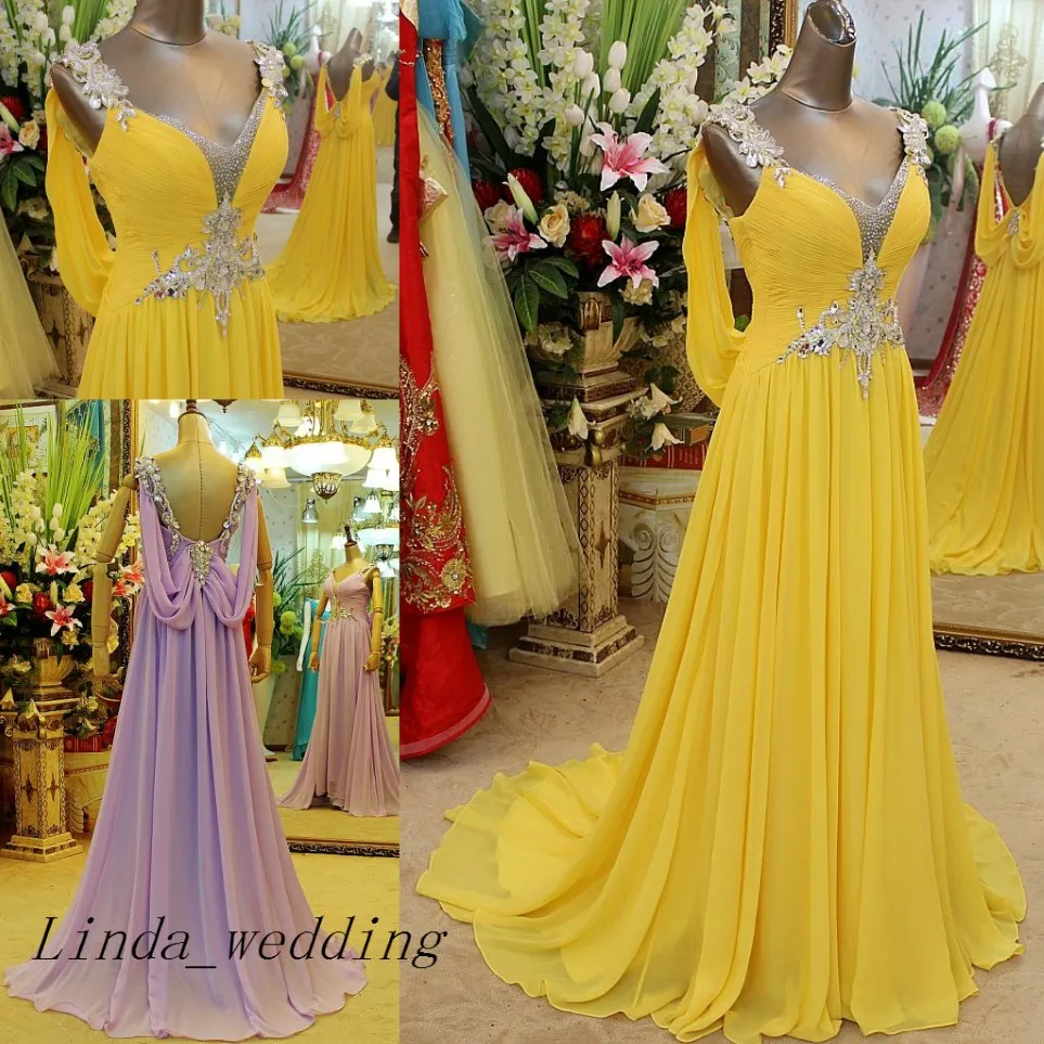 Free Shipping Emerald Green Yellow And Violet Evening Dresses New Arrival Floor Length Long Beaded Backless Formal Chiffon Party Gowns 252U