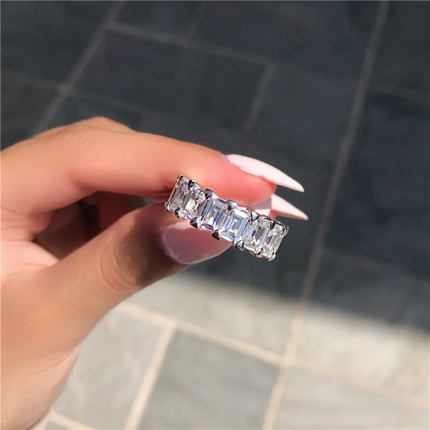 Vecalon Eternity Band Promise Ring 925 Sterling Silver Emerald Cut Diamond CZ Weddingband Rings for Women Men Fine Jewelry 2958