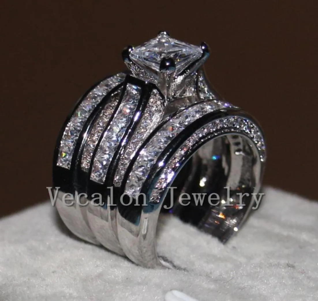 VECALON Fine Jewelry Princess Cut 20ct 5A zircone CZ Anello della merda nuziale set per donne 14kt in oro bianco riempito di dito Ring4315526