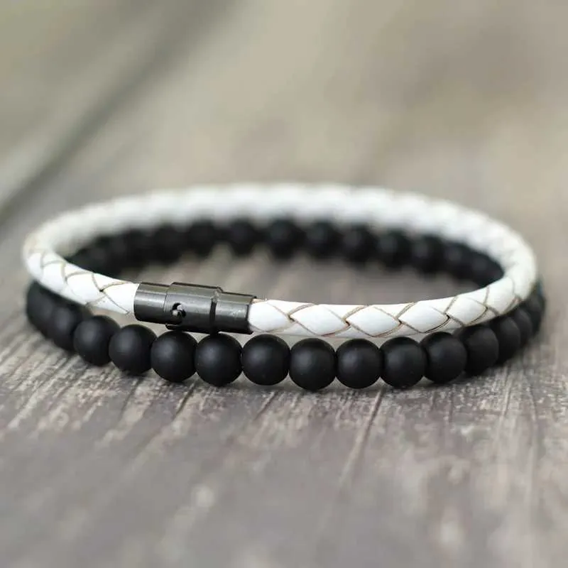 Bracelets de charme Noter 2pcs Men Bracelet Conjunto de pulseira de 4 mm de couro genuíno Homme 6mm Black Onyx Stone Braslet Combated Combating Combating Brazalete Gift Y240510