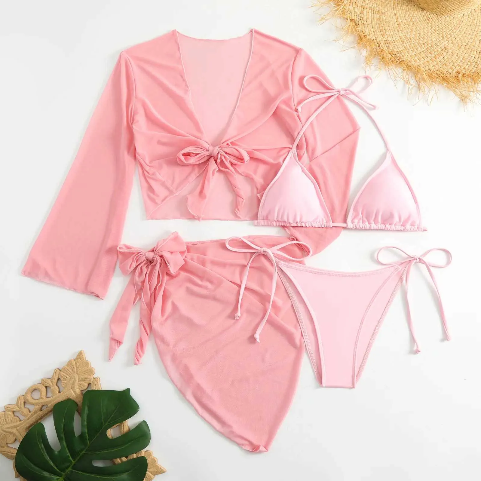 Kvinnors badkläder kvinnors rosa mini pärlbikini set 4 stycken mesh topp och snäv baddräkt j240510