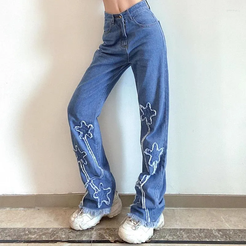 Jeans pour femmes Y2k Ripped Stars Patches Oversize Flare Women Korean Fashion Streetwear Vintage High Waist Baggy Baggy Denim Tableau Iamty