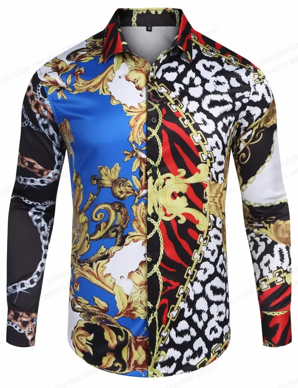 Kette Leopard Shirt Herren Modehemd Langarm Hawaiian Shirt Cuba Beach Hemd Herren Kleidung Camisas Europäischer Stil 240425