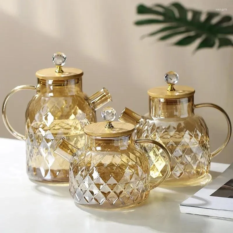 Water Bottles Glass Teapot With Bamboo Lid Kettle Heat-resistant Thicken Household Juice Flower Nordic Drinkware 1/1.5/1.8L