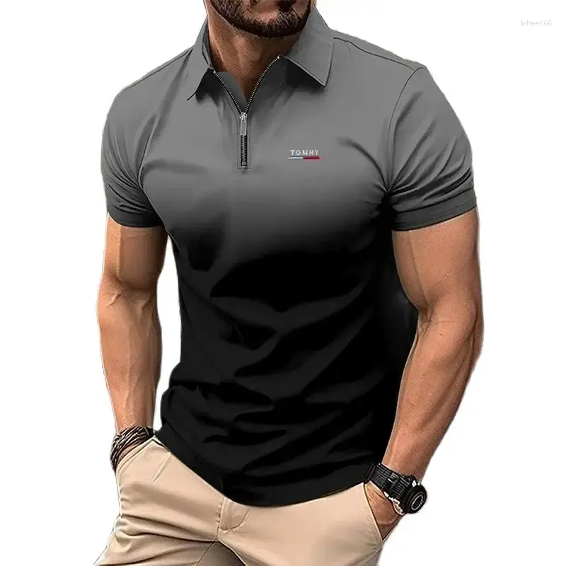 T-shirt de verão casual de póos masculinos de manga curta de manga curta polo bordado com zíper e lapela respirável