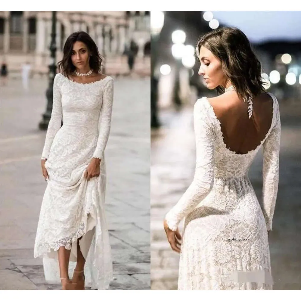 Vintage koronkowe sukienki A-line boho długie rękawy Niski back skromne suknie ślubne proste bohemian plażowe suknia ślubna 41 0510