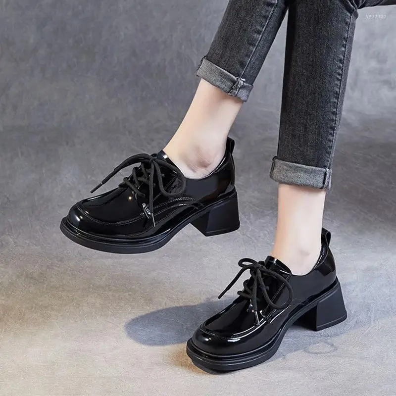 Dress Shoes 2024 Spring And Autumn British Style Coarse Heel High Lacing Top Layer Cow Lacquer Leather Versatile Women's Singles