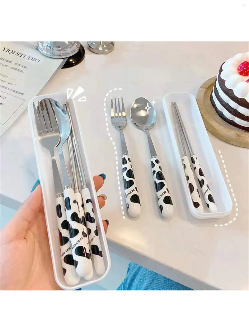 Dinnerware Sets 1 Pc Creative Cartoon Cow Portable Stainless Steel Tableware Cute Gift Set Spoon Chopsticks Three-piece