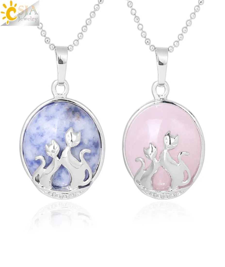 CSJA Lucky Double Cat Kitty Necklace Natural Stone Charm Pendant For Women Ametyst Pink Crystal Lapis Lazuli Romantic Lover Jewel2722176