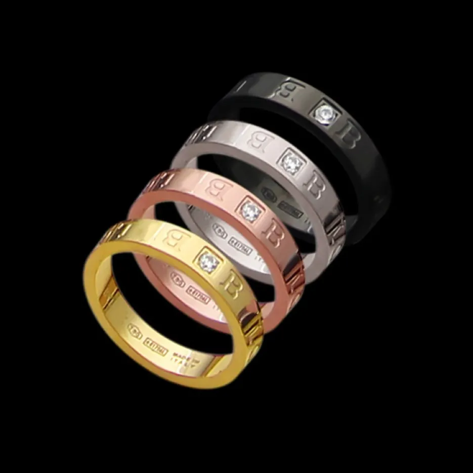 Stili lussuosi di alta qualità Donne Designer Ring Titanium in acciaio Gold Silver Rose Black Colors B Letter Simple Cz Stone Coppia RI 260J