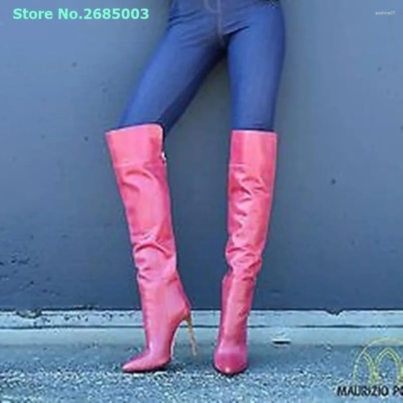 Bottes Rose Red Knee High Split Round Toe Stiletto Heel Back Zipper Femmes Solies Fashion Fashion Party Dress Chaussures