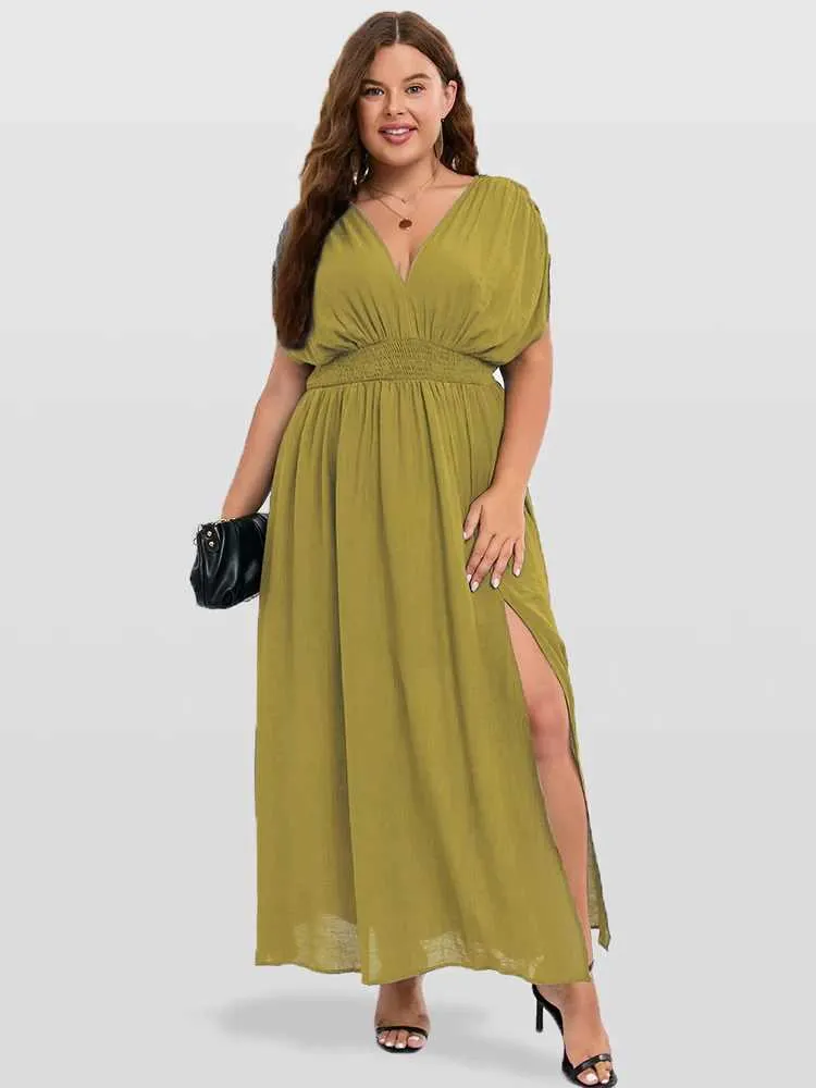 Plus size maxi dress for women with V-neck, batwing sleeves, empire waist,  and pockets, polyester knit, floor-length from Dhgate Plus size Dresses -  price 21.77
