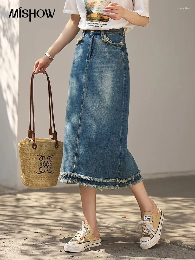 Jupes INVIRME DENIM FEMMES BLUE 2024 SUMME HIGH TAILLE RETRO TASSEL A-LINE FEMME SLIVE SLIM MIDI BUREAU DE JUPT MXC15B0024